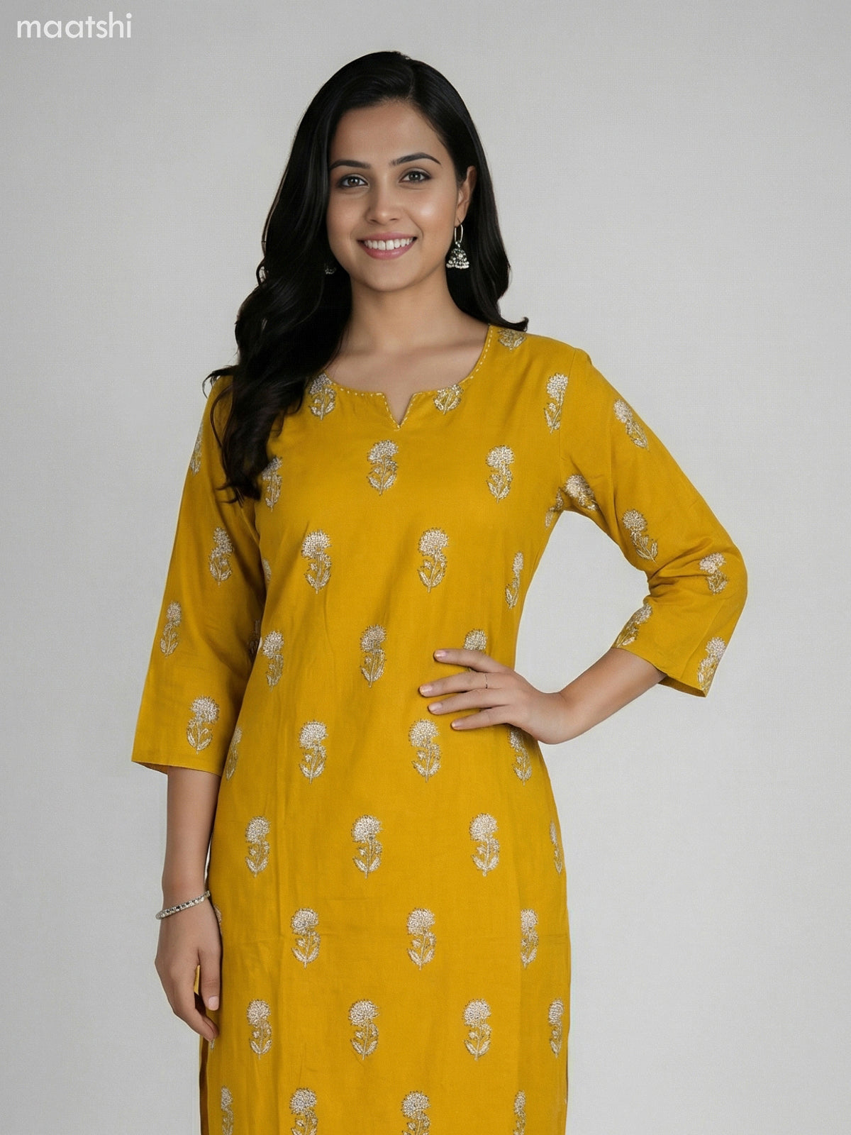 Mustard Yellow Cotton Floral Printed Straight Suit Straight Cut Pant