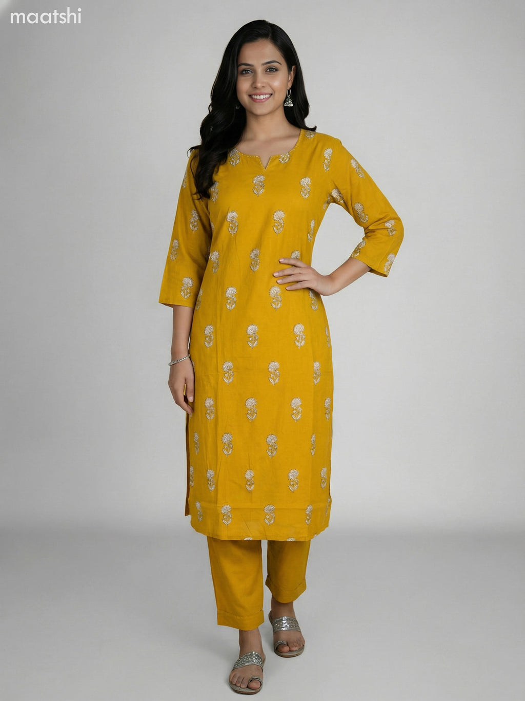 Mustard Yellow Cotton Floral Printed Straight Suit Straight Cut Pant
