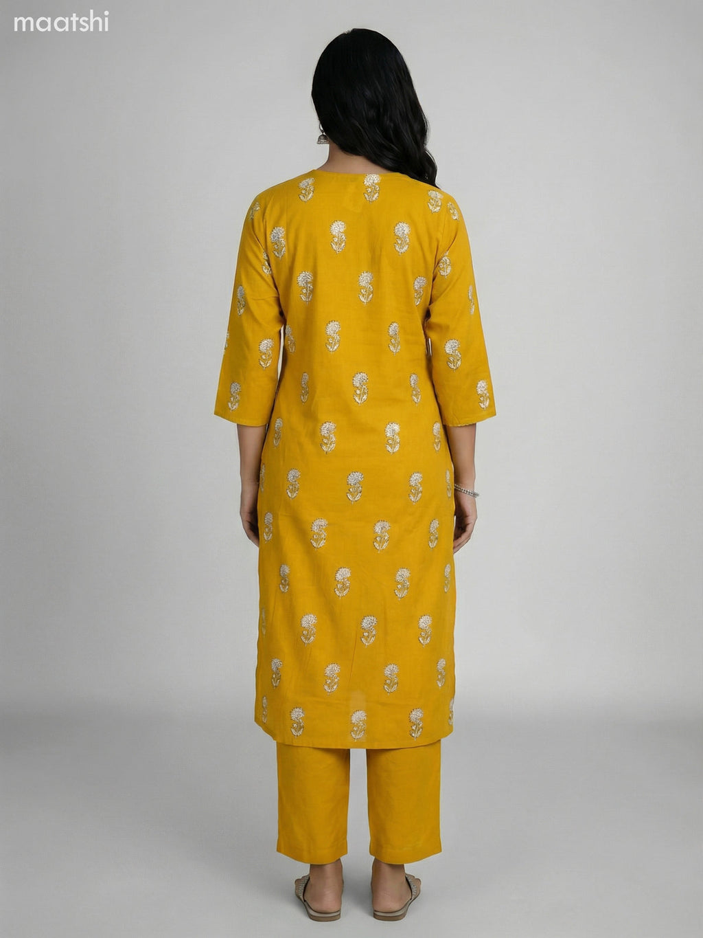 Mustard Yellow Cotton Floral Printed Straight Suit Straight Cut Pant