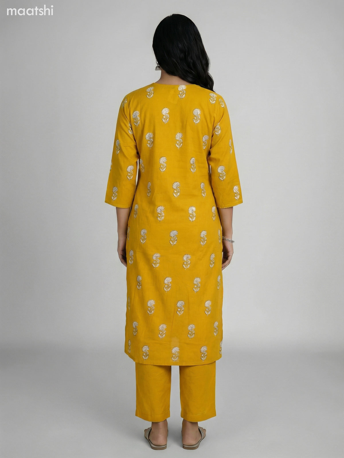 Mustard Yellow Cotton Floral Printed Straight Suit Straight Cut Pant