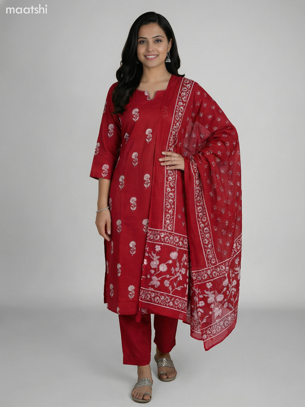 Rustic Maroon Cotton Floral Printed Straight Suit Straight Cut Pant