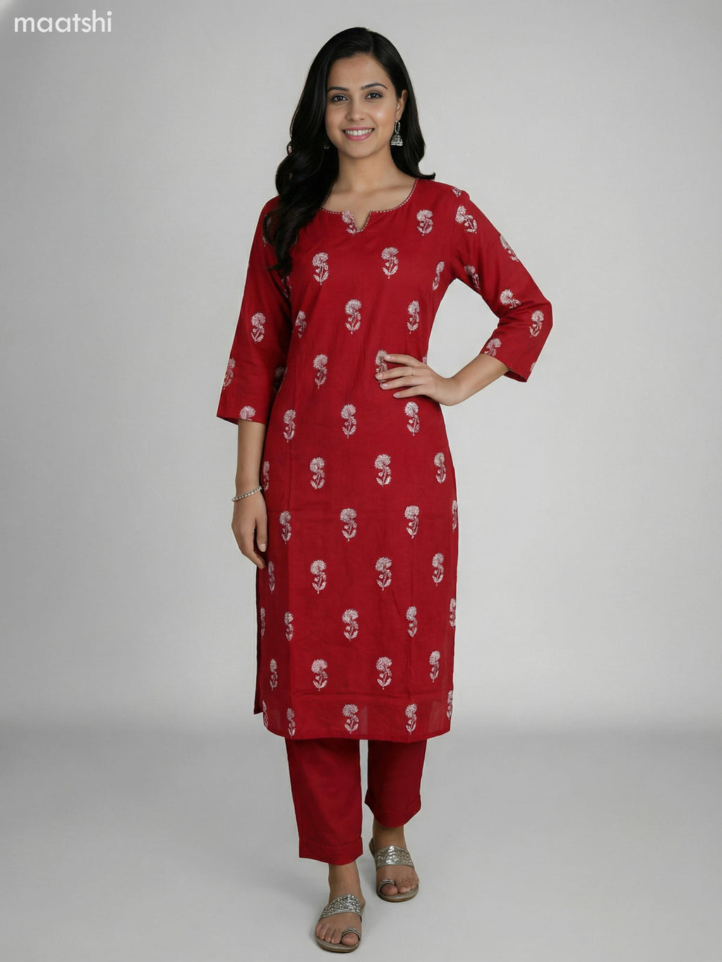 Rustic Maroon Cotton Floral Printed Straight Suit Straight Cut Pant