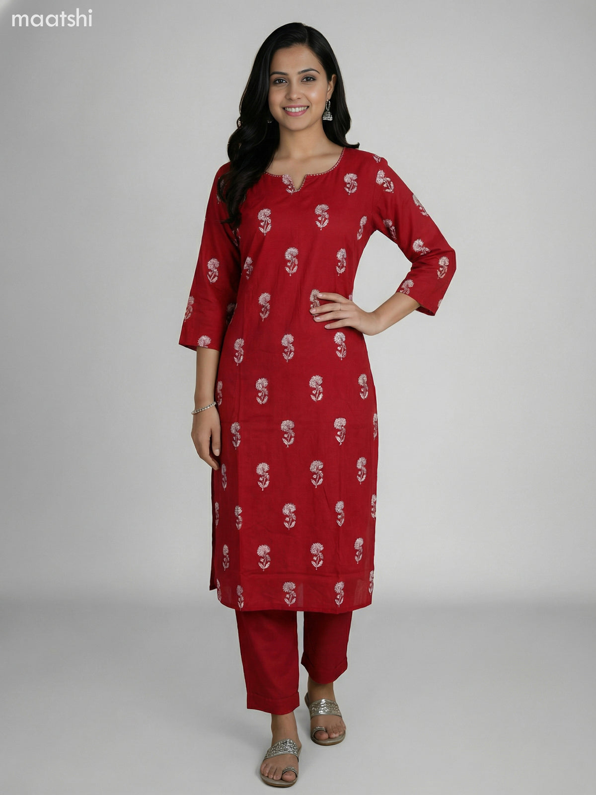 Rustic Maroon Cotton Floral Printed Straight Suit Straight Cut Pant