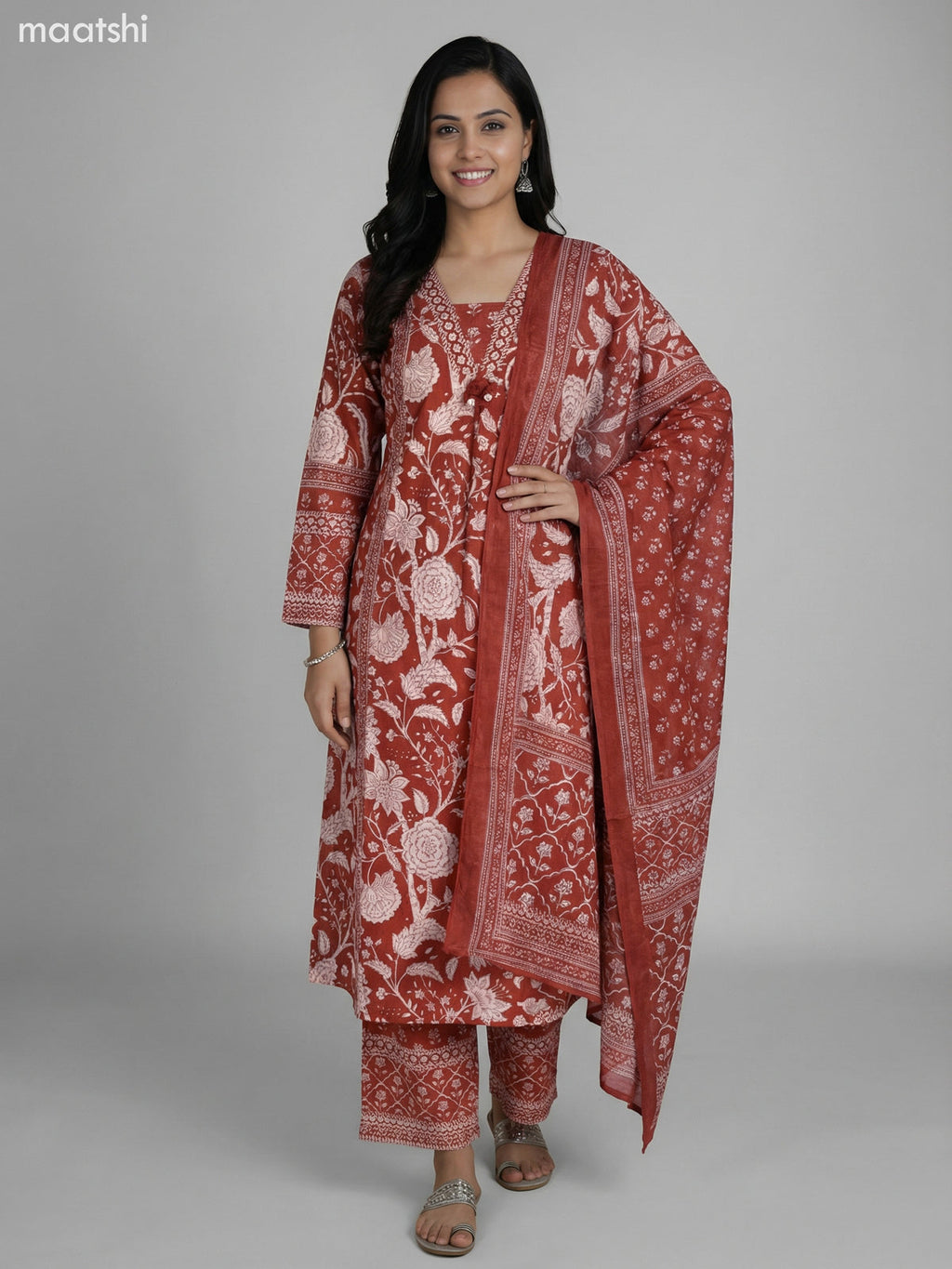Rust Shade Cotton Floral Printer A-Line Suit Palazzo Pant