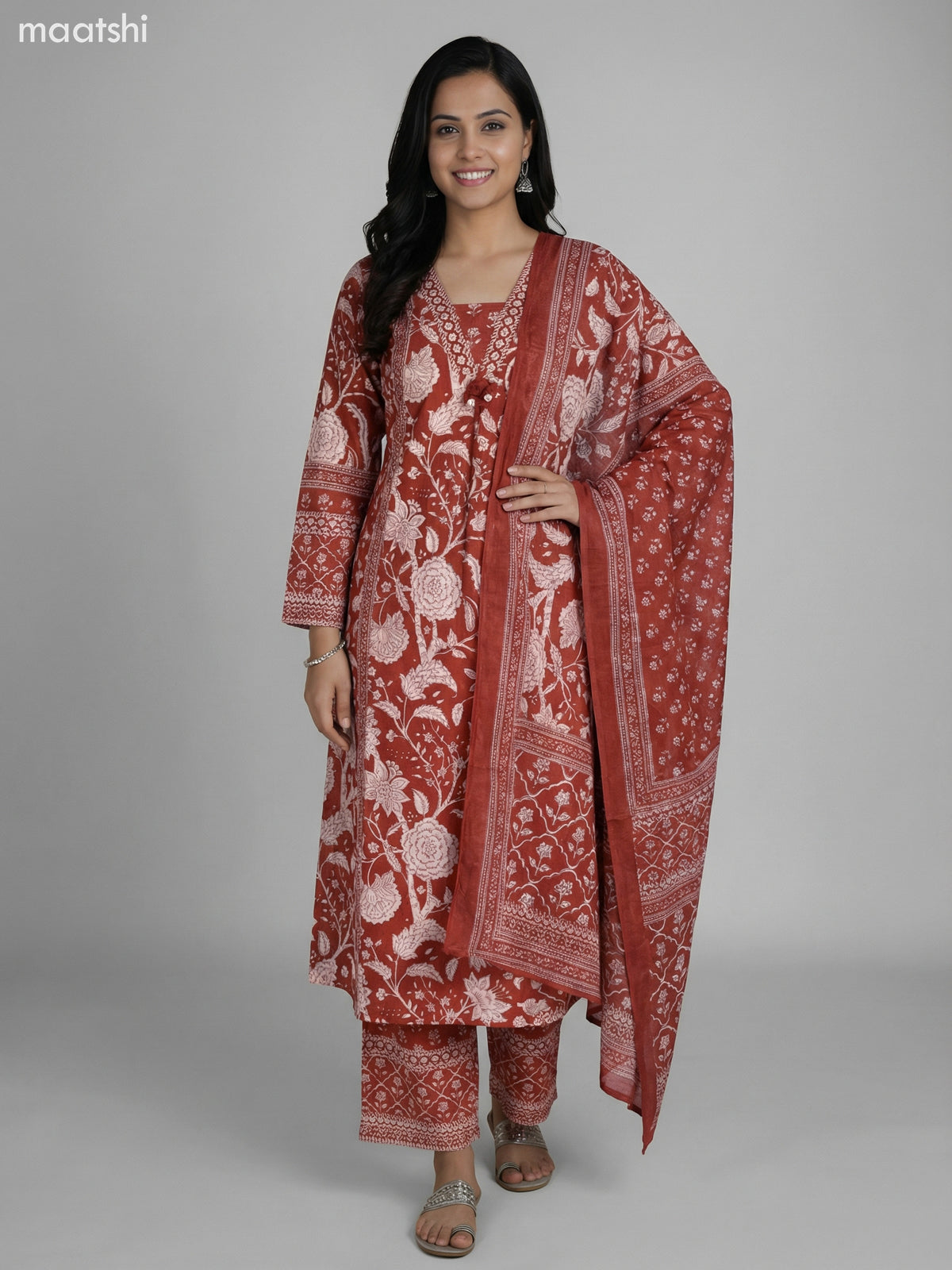 Rust Shade Cotton Floral Printer A-Line Suit Palazzo Pant