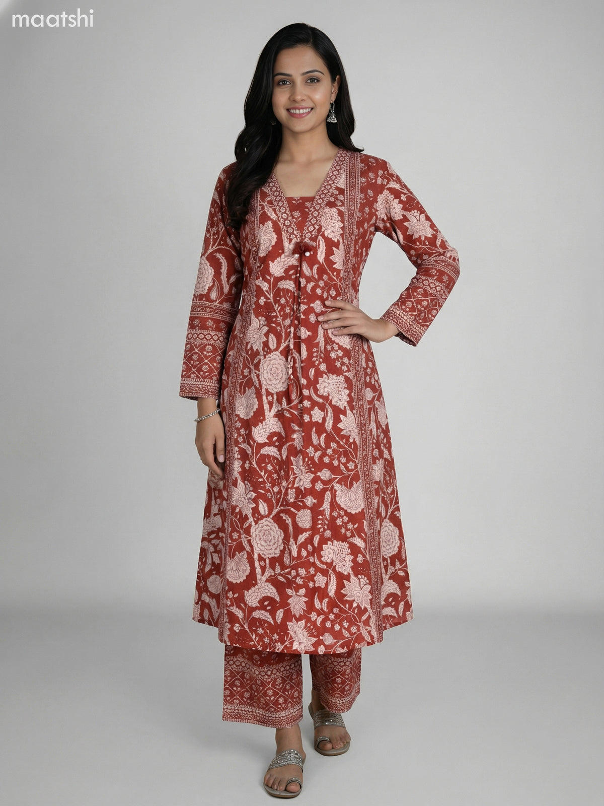 Rust Shade Cotton Floral Printer A-Line Suit Palazzo Pant