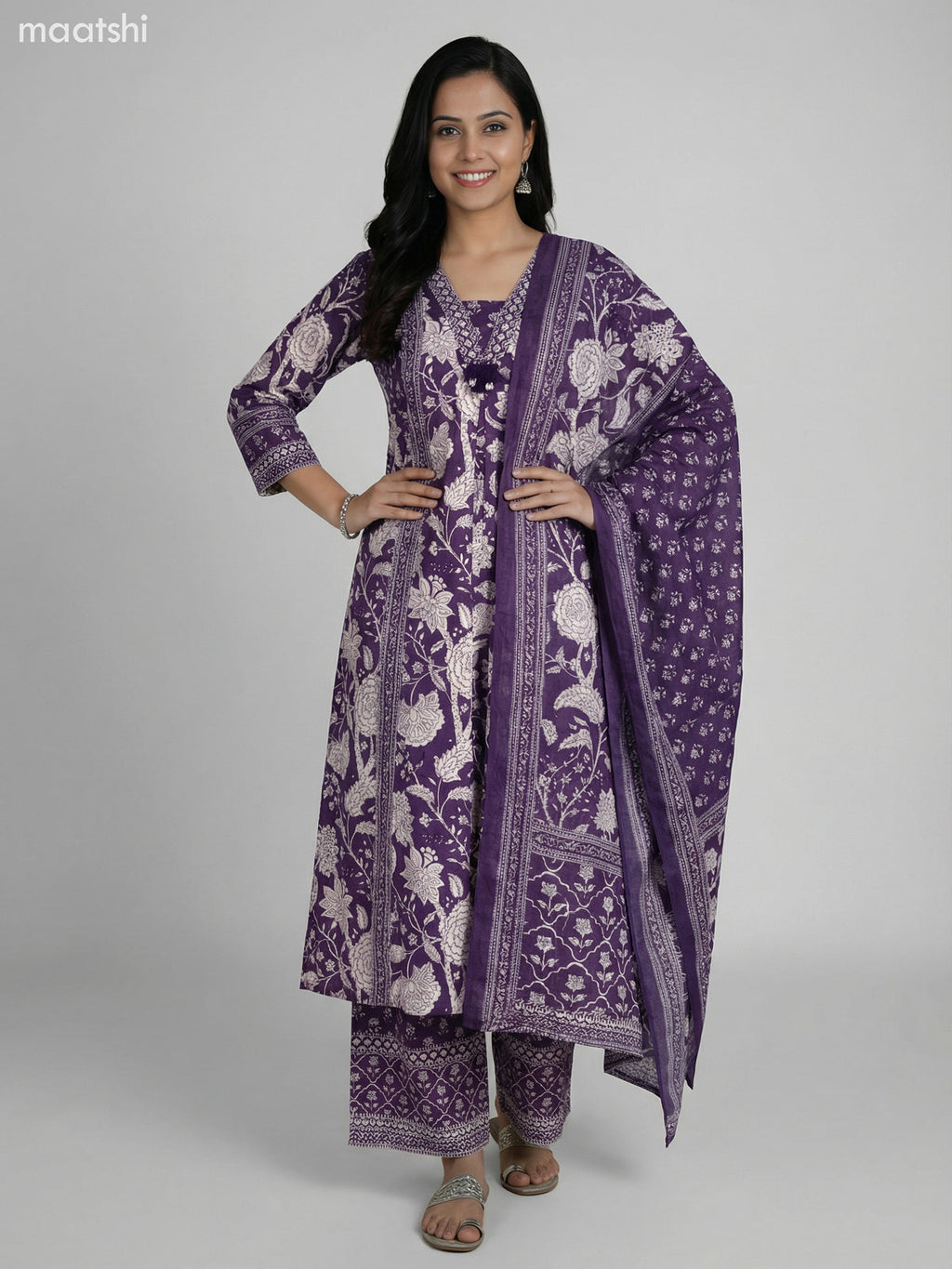 Deep Purple Cotton Floral Printer A-Line Suit Palazzo Pant