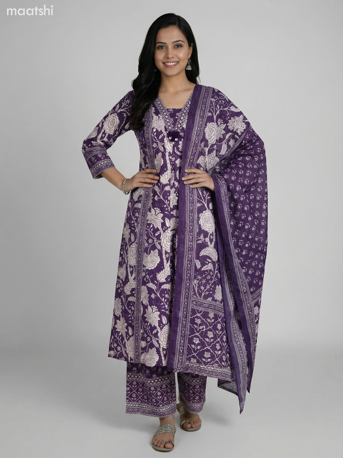 Deep Purple Cotton Floral Printer A-Line Suit Palazzo Pant