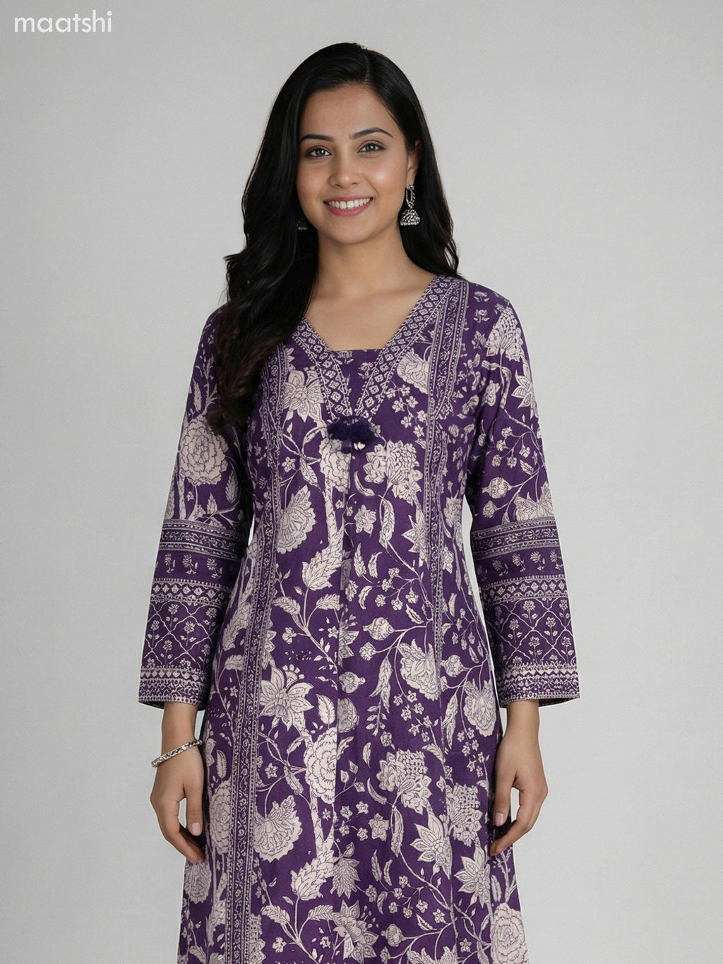 Deep Purple Cotton Floral Printer A-Line Suit Palazzo Pant