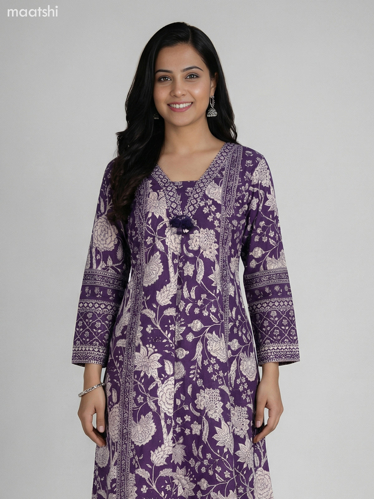 Deep Purple Cotton Floral Printer A-Line Suit Palazzo Pant