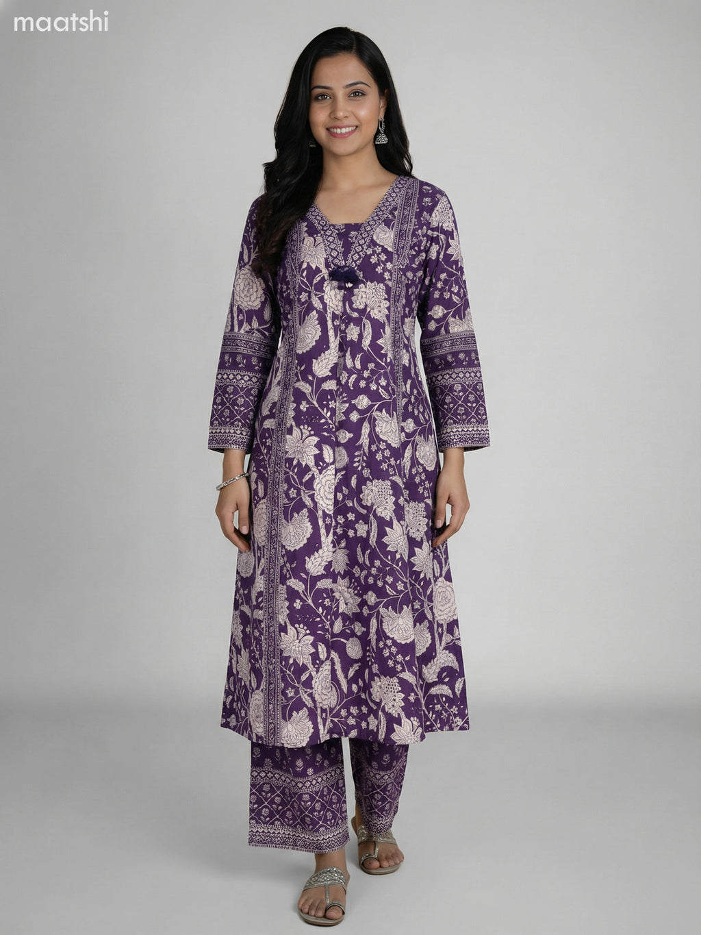 Deep Purple Cotton Floral Printer A-Line Suit Palazzo Pant