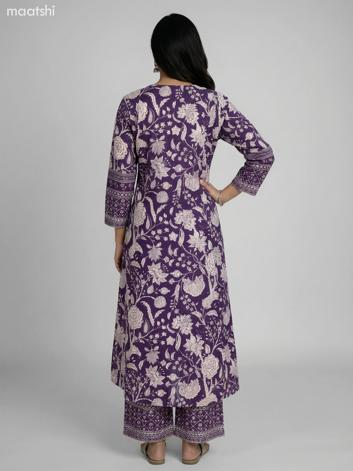 Deep Purple Cotton Floral Printer A-Line Suit Palazzo Pant