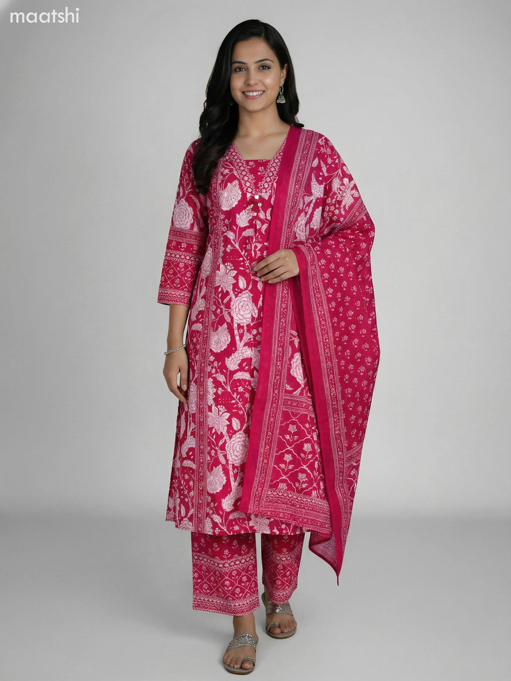 Pink Cotton Floral Printer A-Line Suit Palazzo Pant