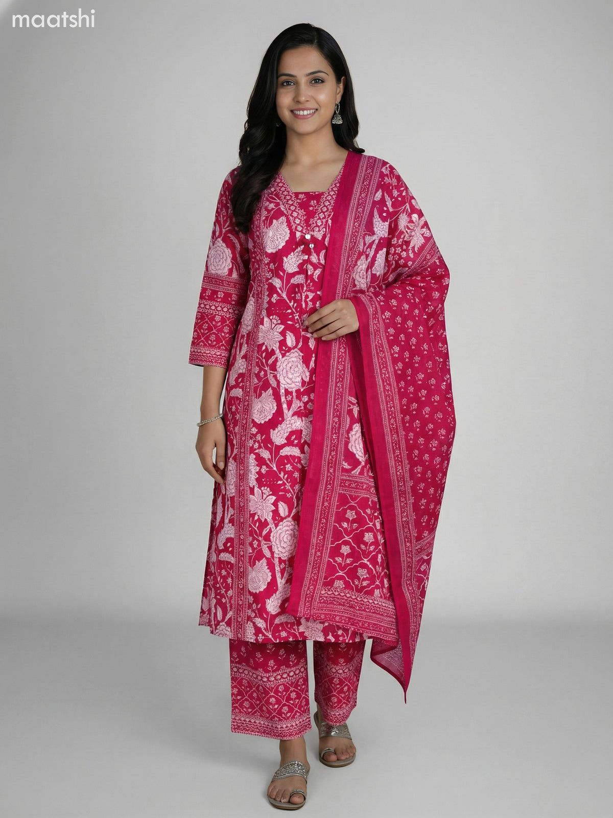 Pink Cotton Floral Printer A-Line Suit Palazzo Pant