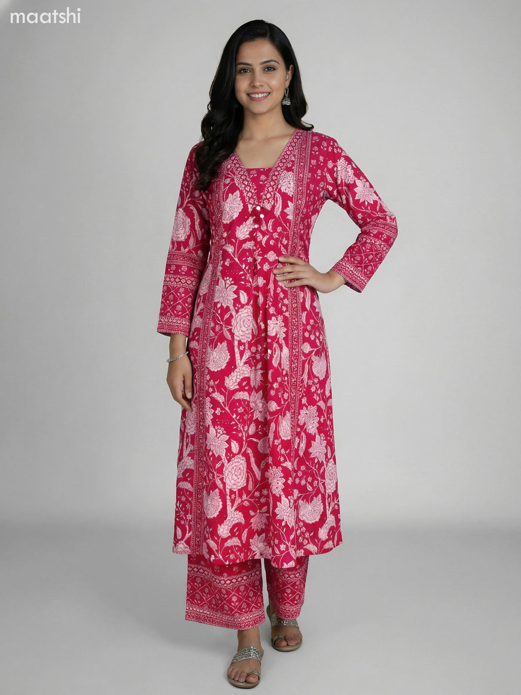Pink Cotton Floral Printer A-Line Suit Palazzo Pant