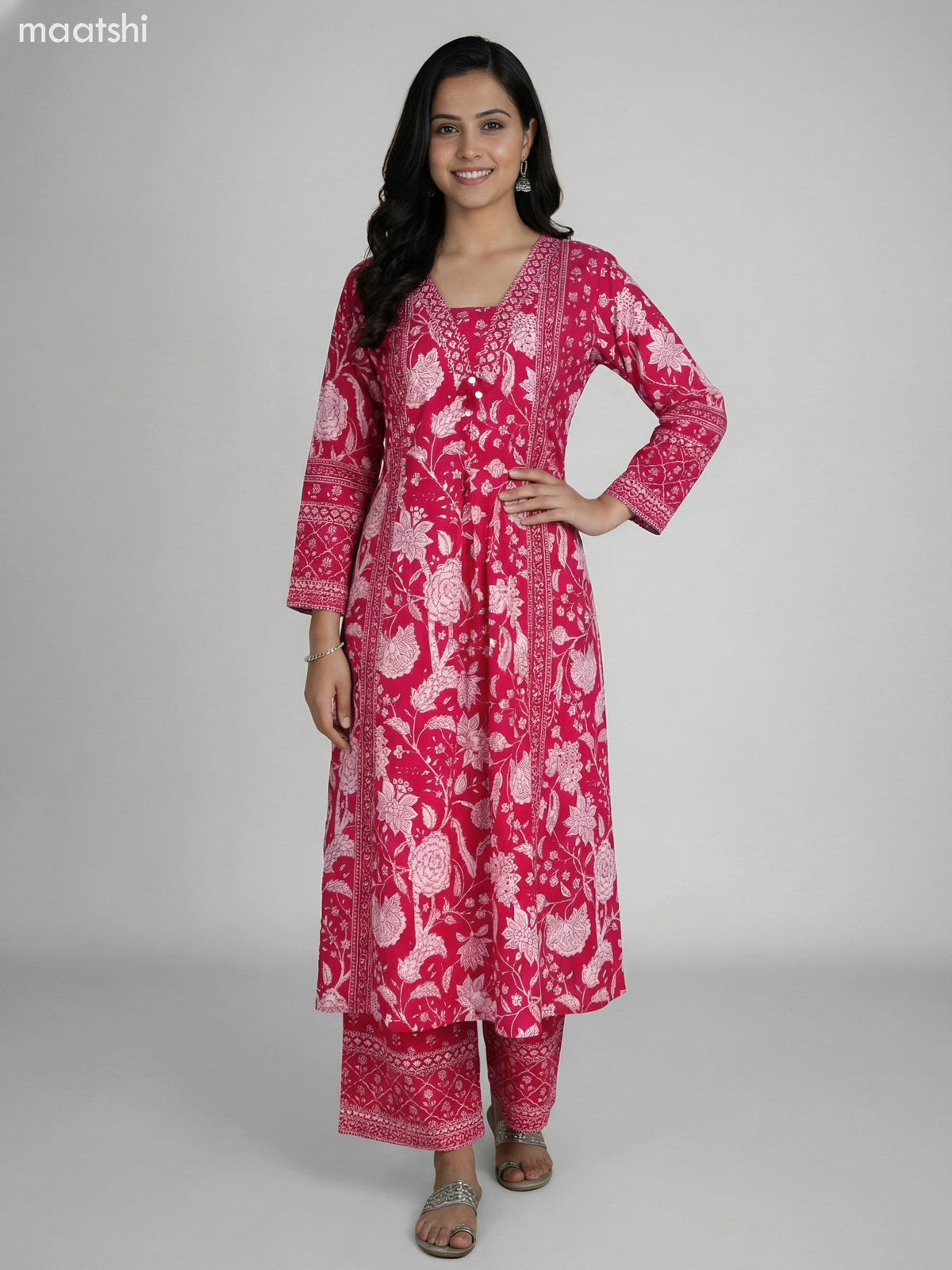 Pink Cotton Floral Printer A-Line Suit Palazzo Pant
