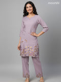 Short co-ord set pastel lavender with floral kantha stich work and straight cut pant
