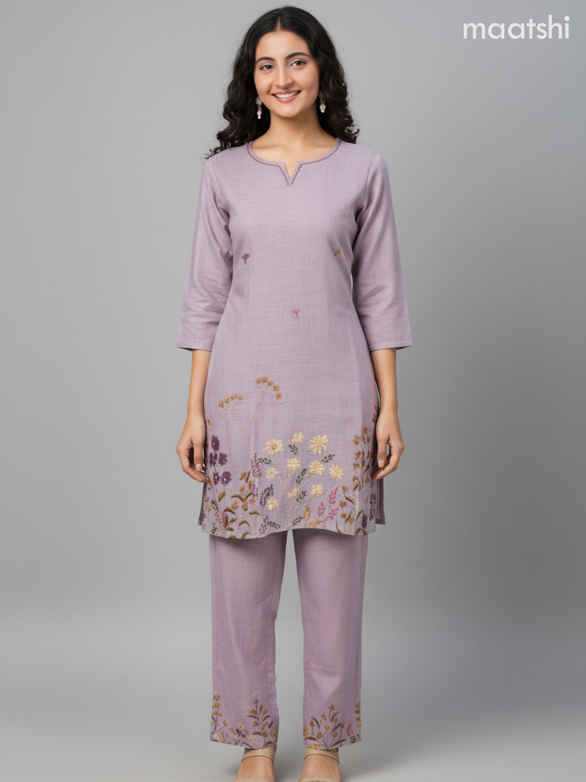 Short co-ord set pastel lavender with floral kantha stich work and straight cut pant