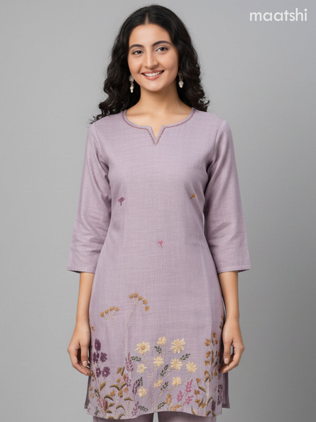 Short co-ord set pastel lavender with floral kantha stich work and straight cut pant