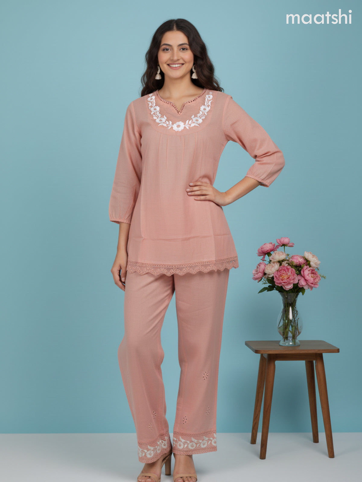 Short co-ord set peach shade with slip & floral embroidery work in top and palazzo pant
