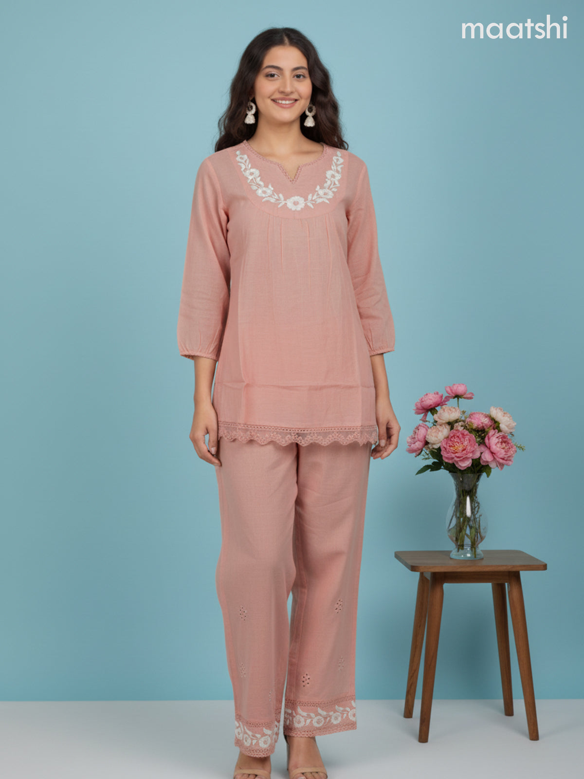 Short co-ord set peach shade with slip & floral embroidery work in top and palazzo pant