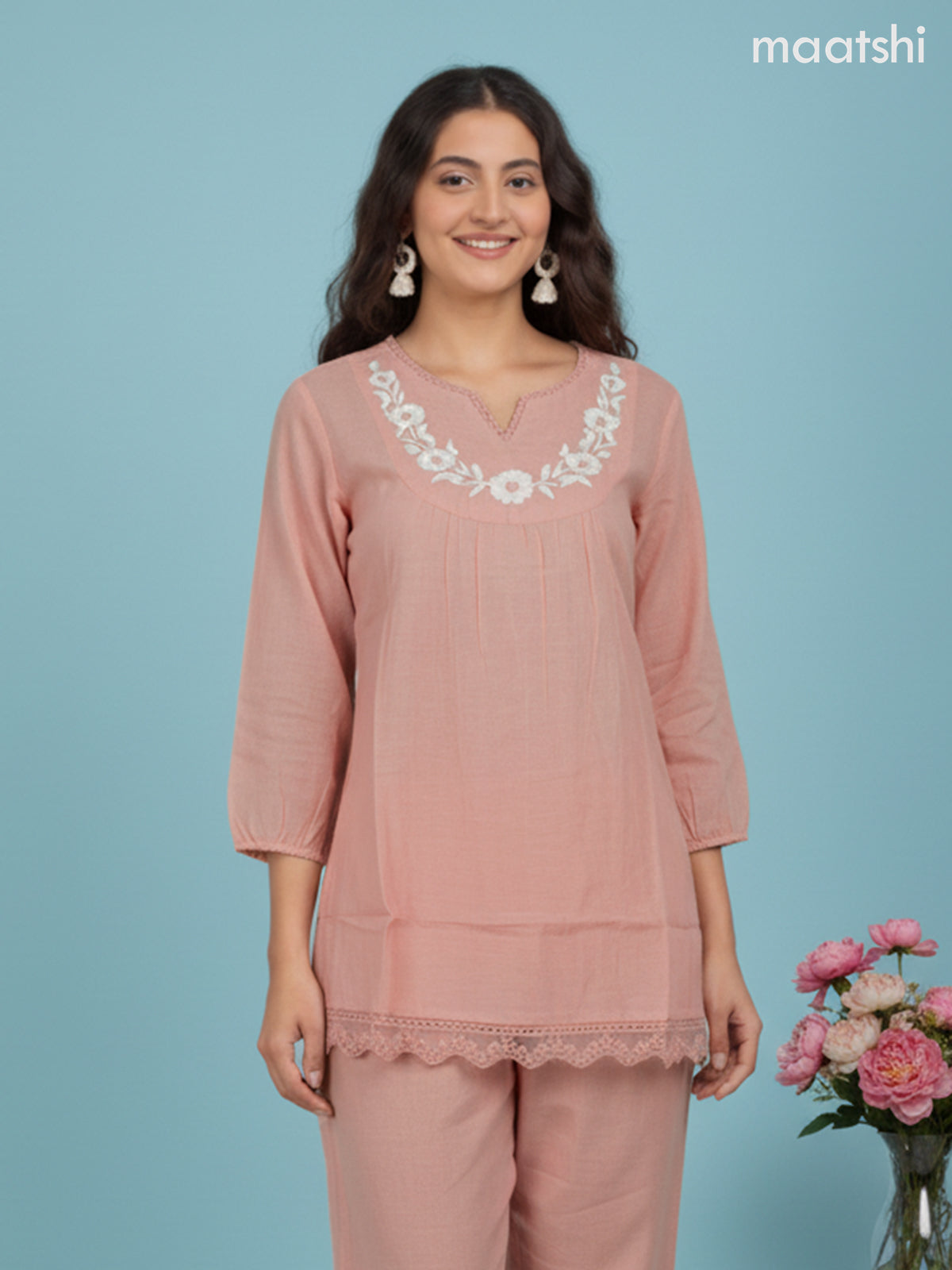 Short co-ord set peach shade with slip & floral embroidery work in top and palazzo pant