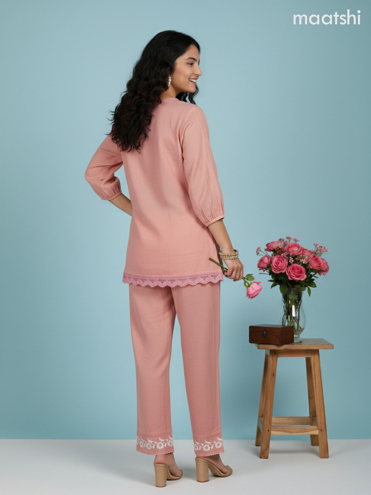 Short co-ord set peach shade with slip & floral embroidery work in top and palazzo pant