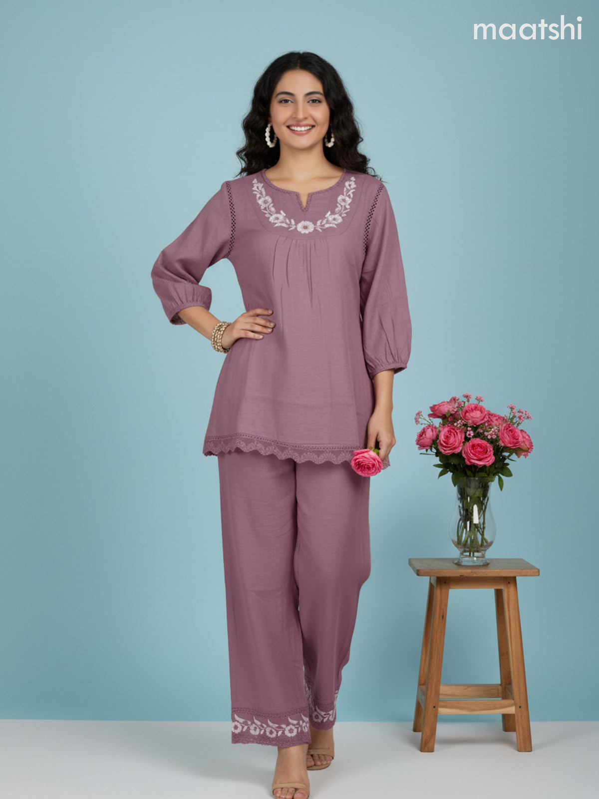 Short co-ord set onion pink with slip & floral embroidery work neck pattern in top and palazzo pant