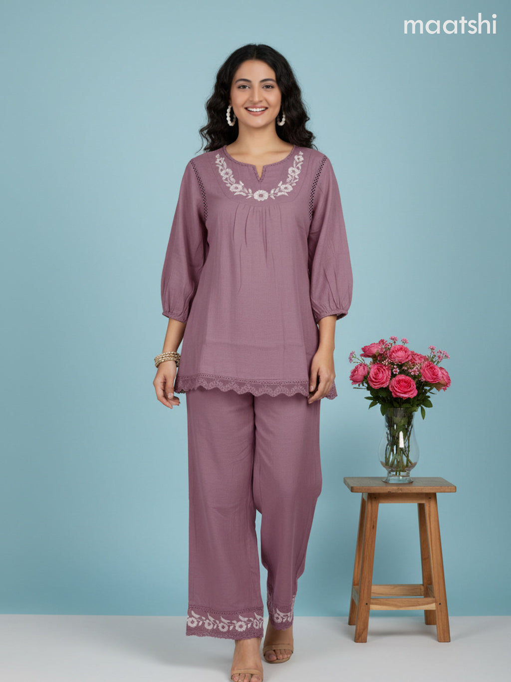Short co-ord set onion pink with slip & floral embroidery work neck pattern in top and palazzo pant