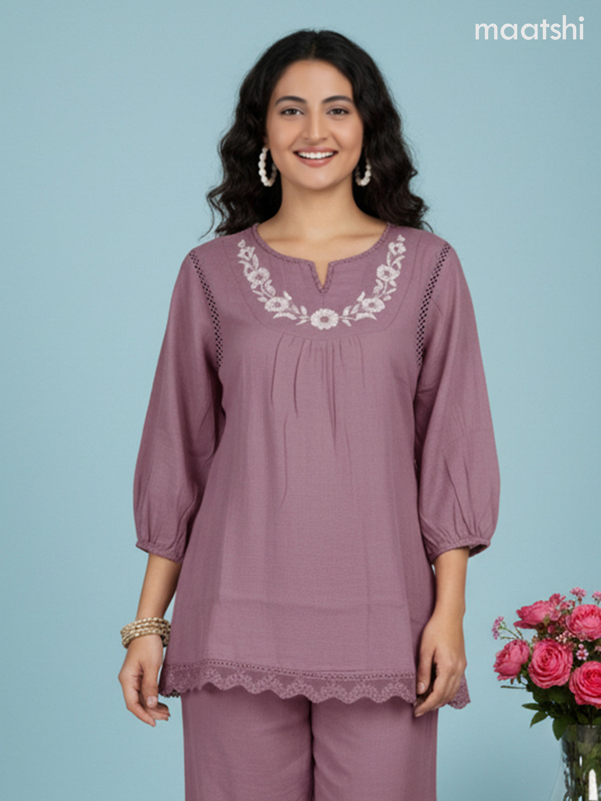 Short co-ord set onion pink with slip & floral embroidery work neck pattern in top and palazzo pant