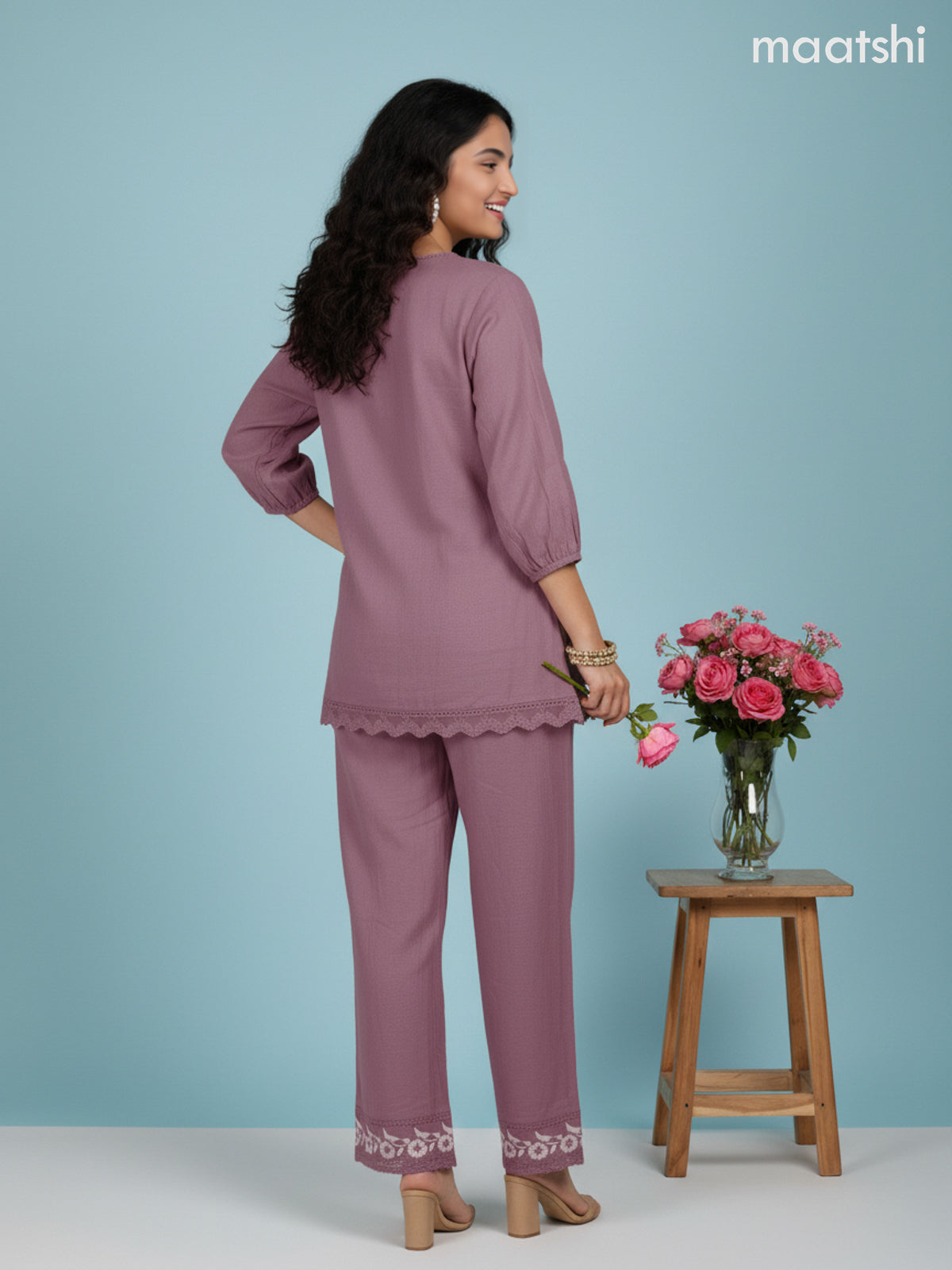 Short co-ord set onion pink with slip & floral embroidery work neck pattern in top and palazzo pant