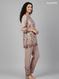 Short co-ord set pastel brown with floral prints & kantha stich work and straight cut pant