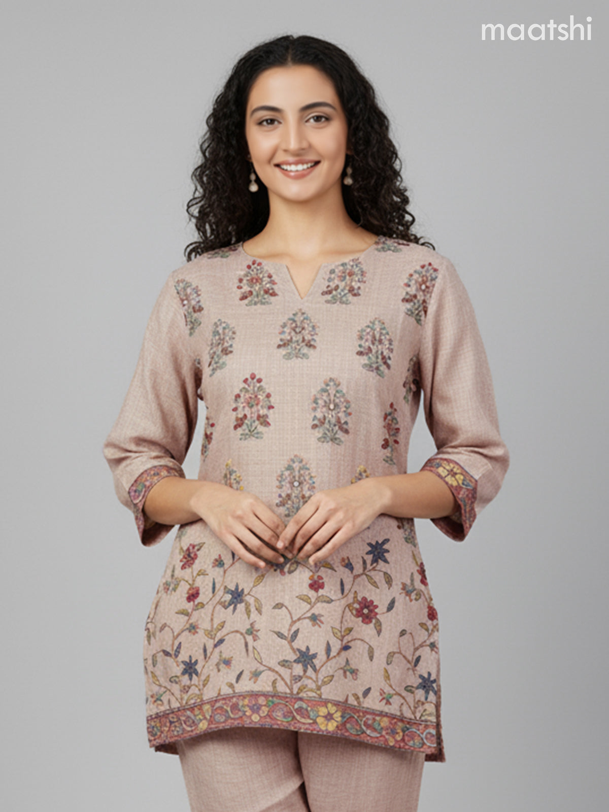 Short co-ord set pastel brown with floral prints & kantha stich work and straight cut pant