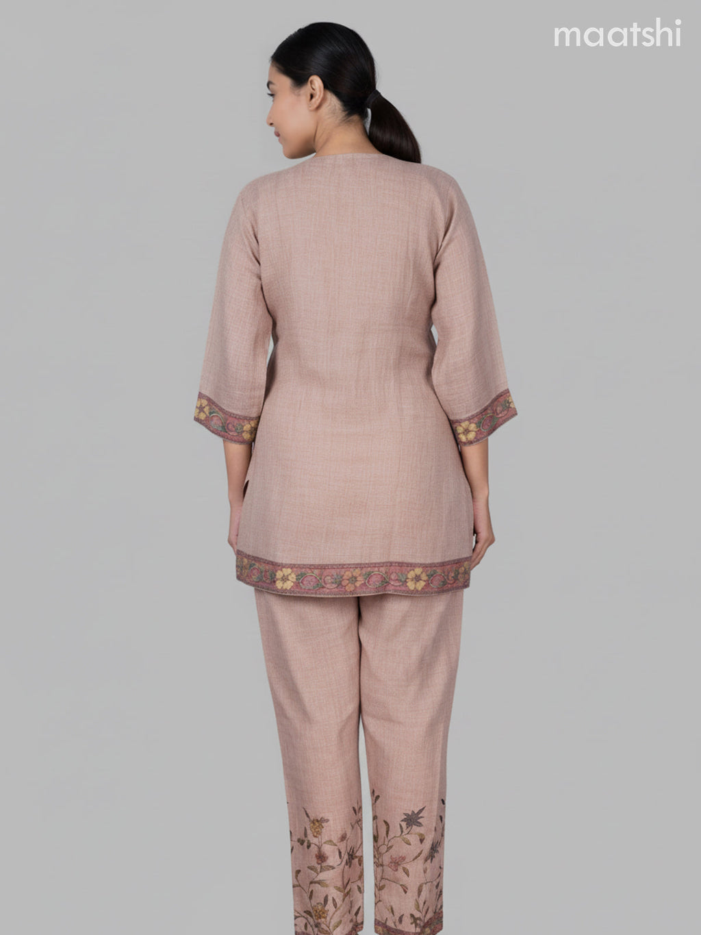 Short co-ord set pastel brown with floral prints & kantha stich work and straight cut pant