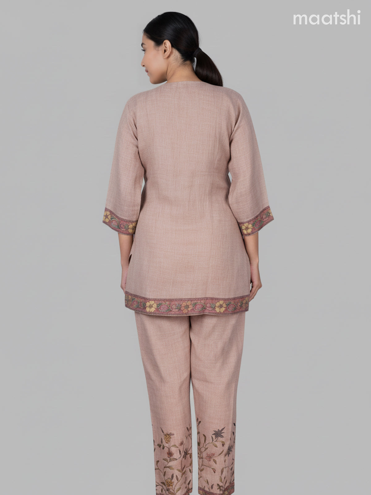 Short co-ord set pastel brown with floral prints & kantha stich work and straight cut pant