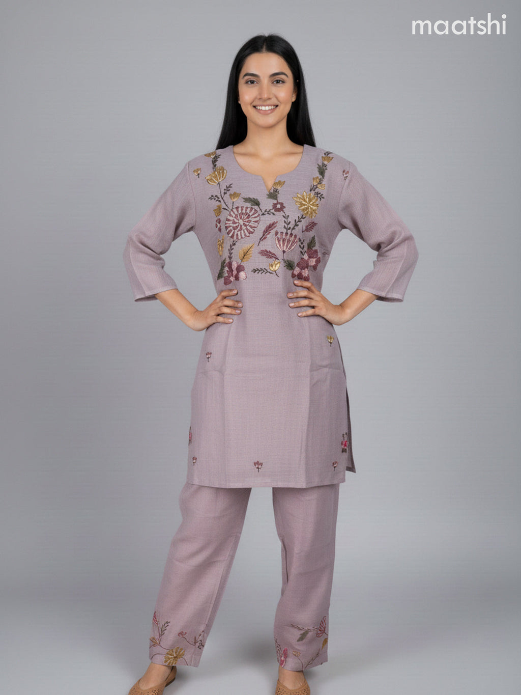 Short co-ord set grey shade with floral kantha stich work and straight cut pant