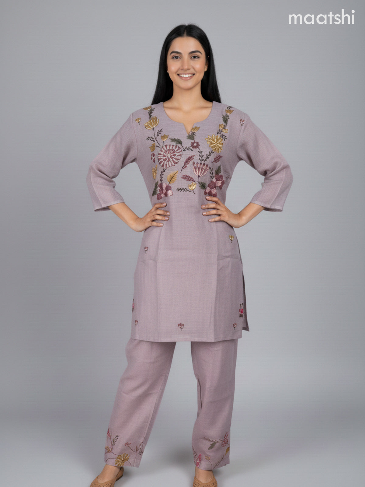 Short co-ord set grey shade with floral kantha stich work and straight cut pant