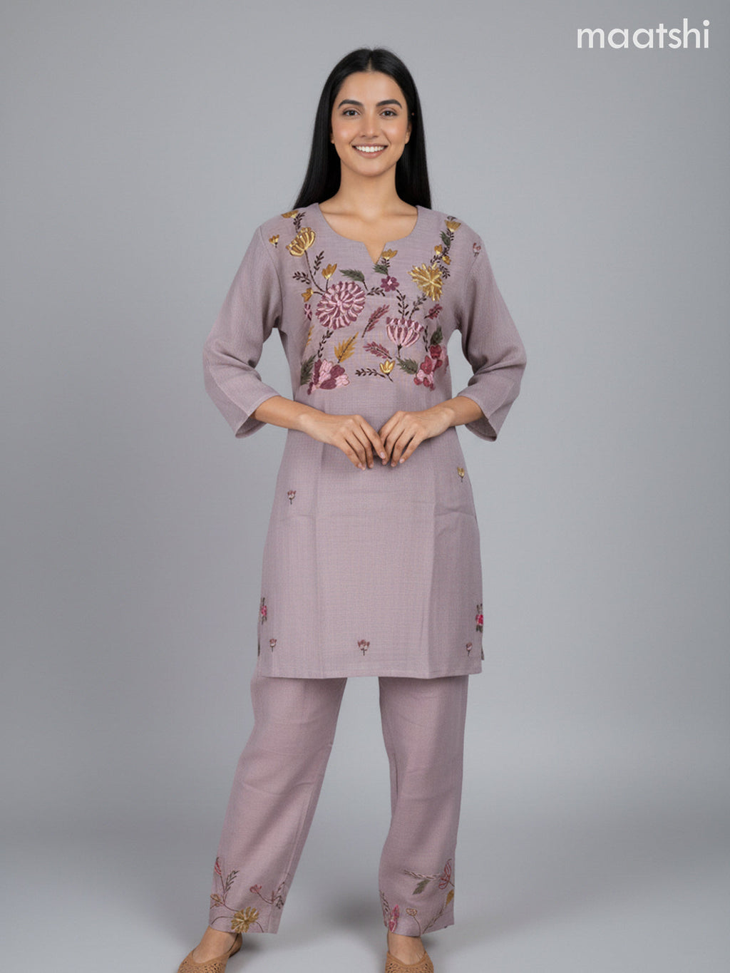 Short co-ord set grey shade with floral kantha stich work and straight cut pant