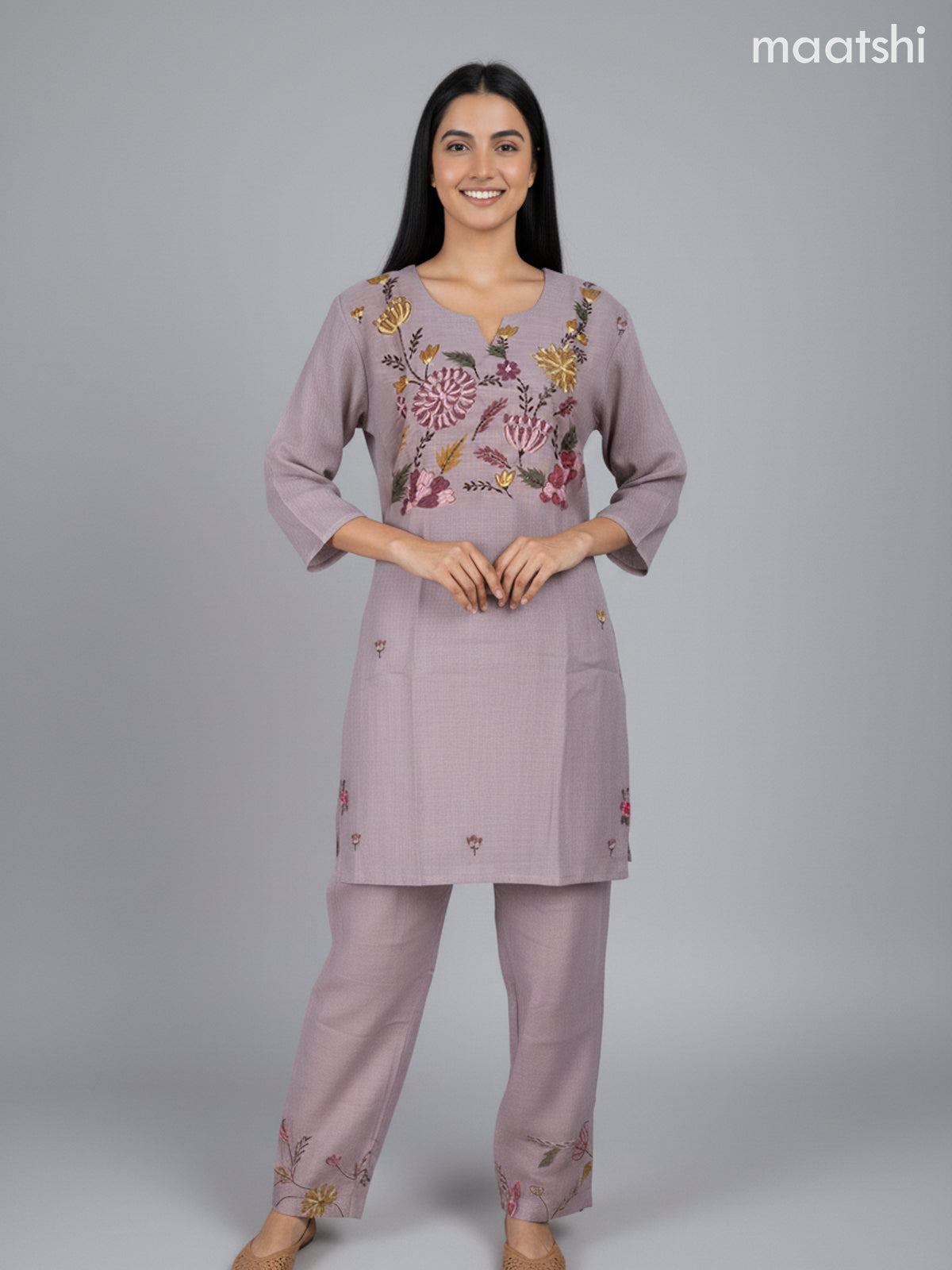 Short co-ord set grey shade with floral kantha stich work and straight cut pant