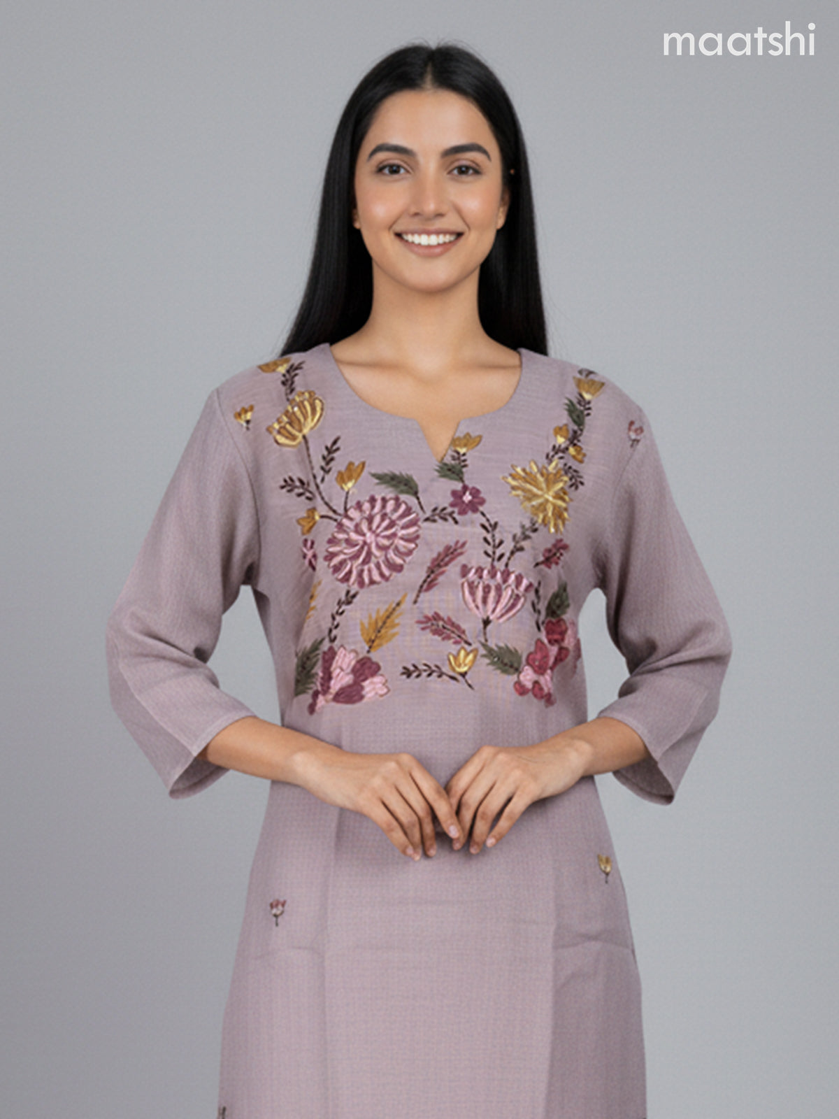 Short co-ord set grey shade with floral kantha stich work and straight cut pant