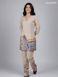 Short co-ord set beige with prints & kantha stich work and straight cut pant