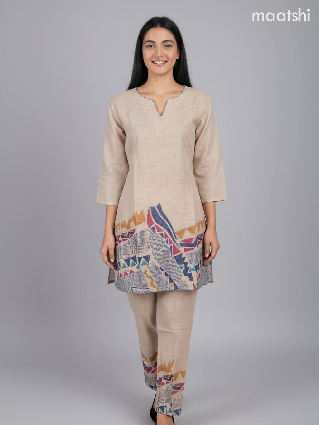 Short co-ord set beige with prints & kantha stich work and straight cut pant