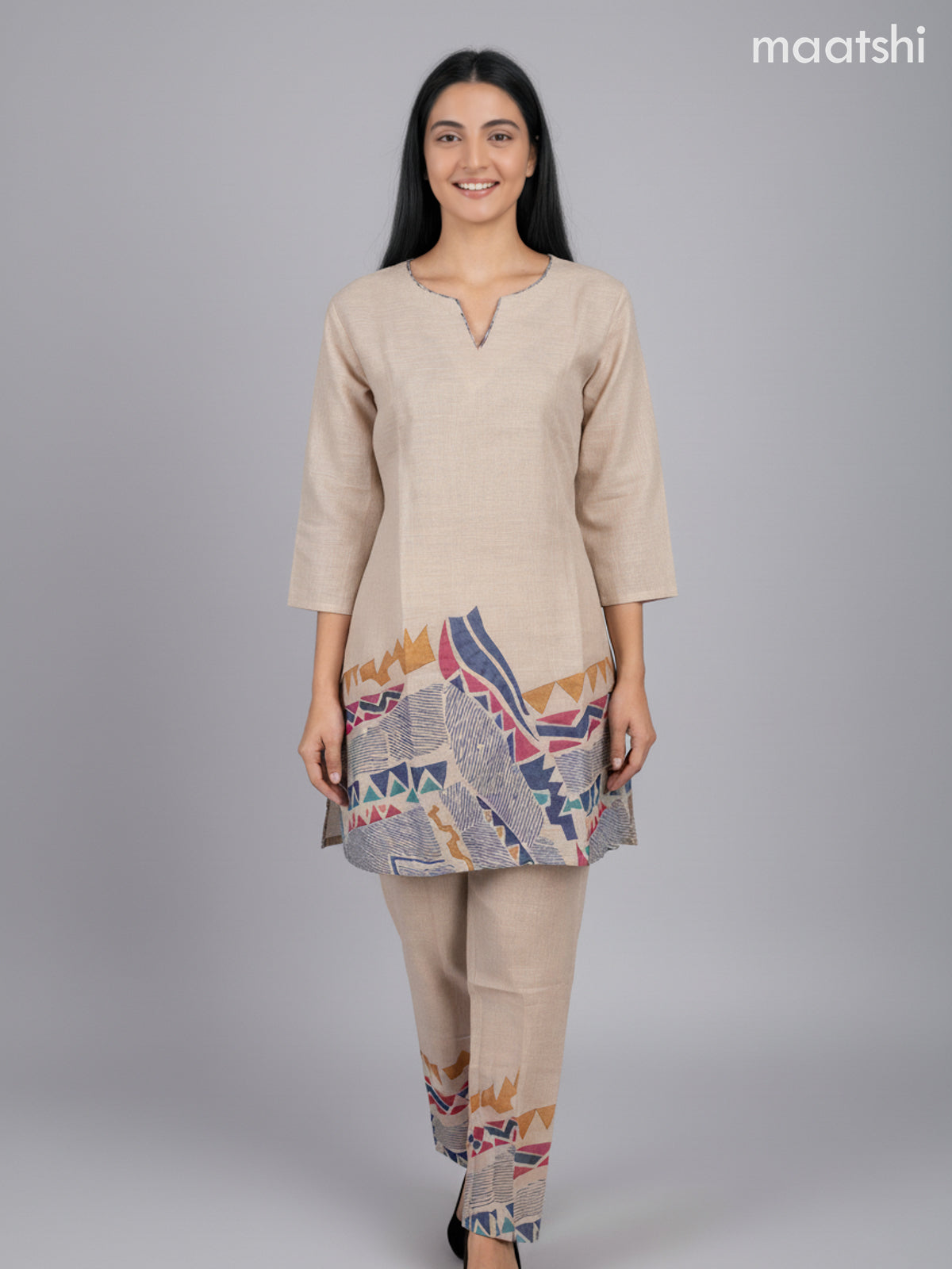 Short co-ord set beige with prints & kantha stich work and straight cut pant