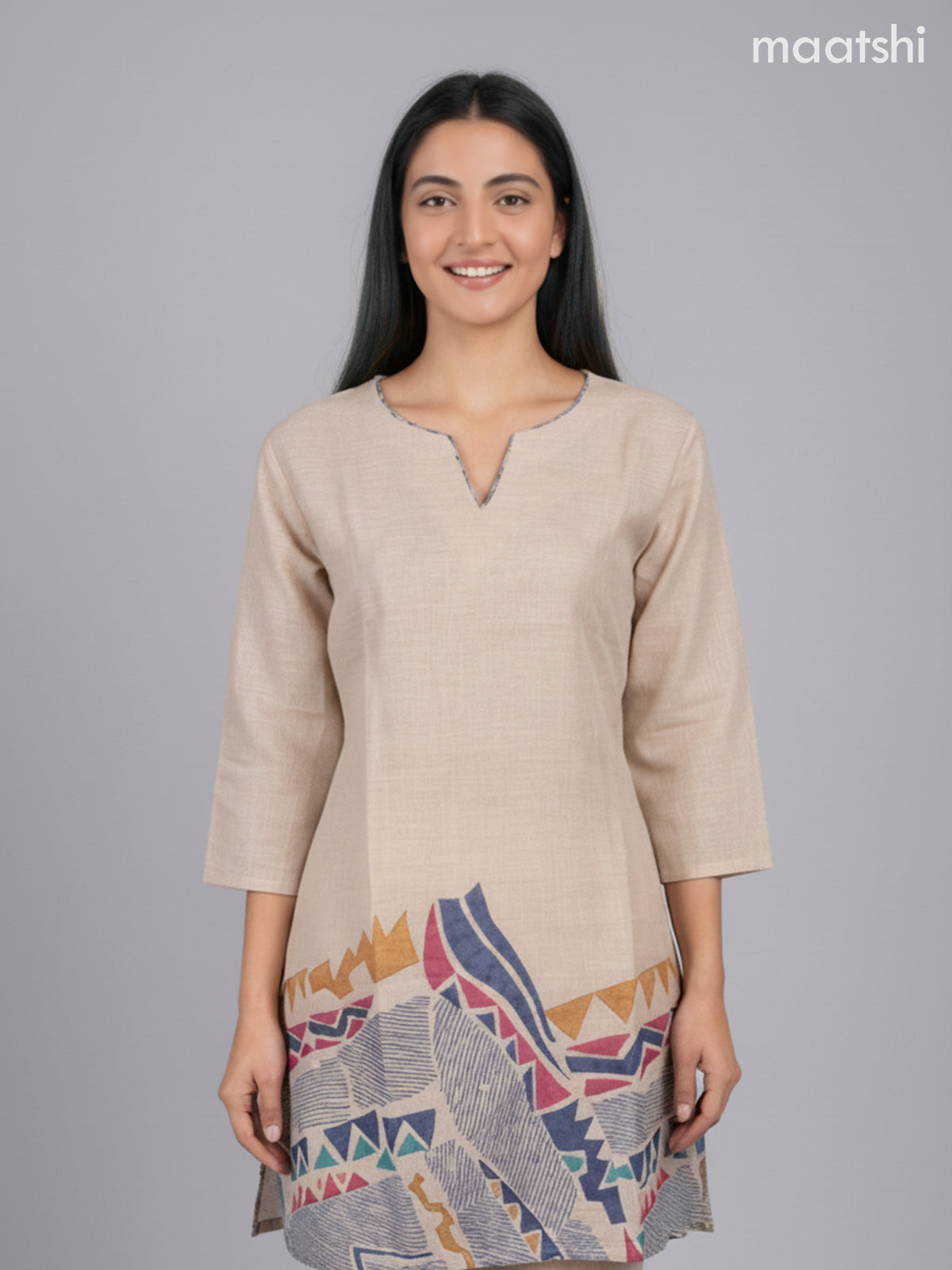 Short co-ord set beige with prints & kantha stich work and straight cut pant