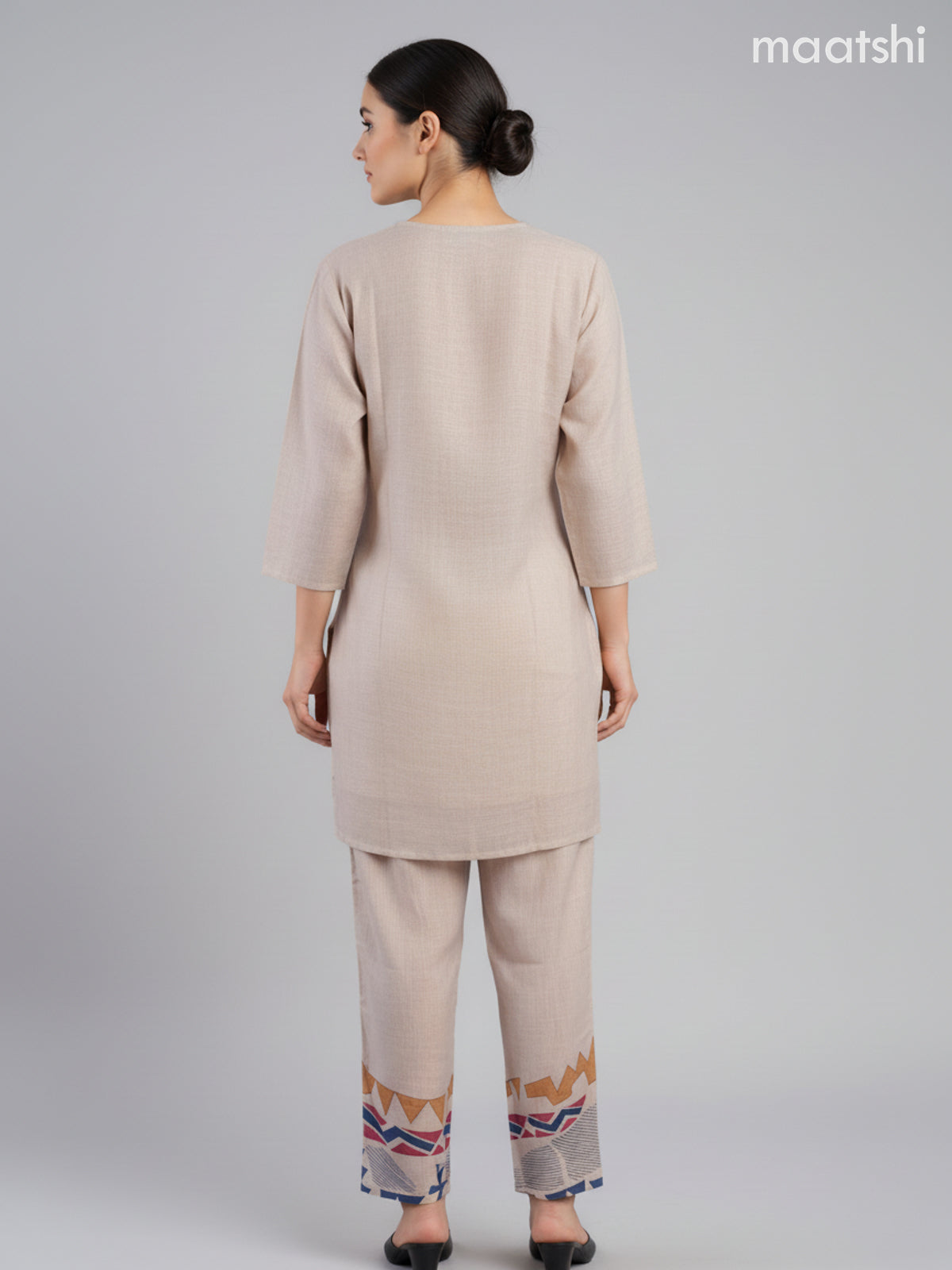 Short co-ord set beige with prints & kantha stich work and straight cut pant