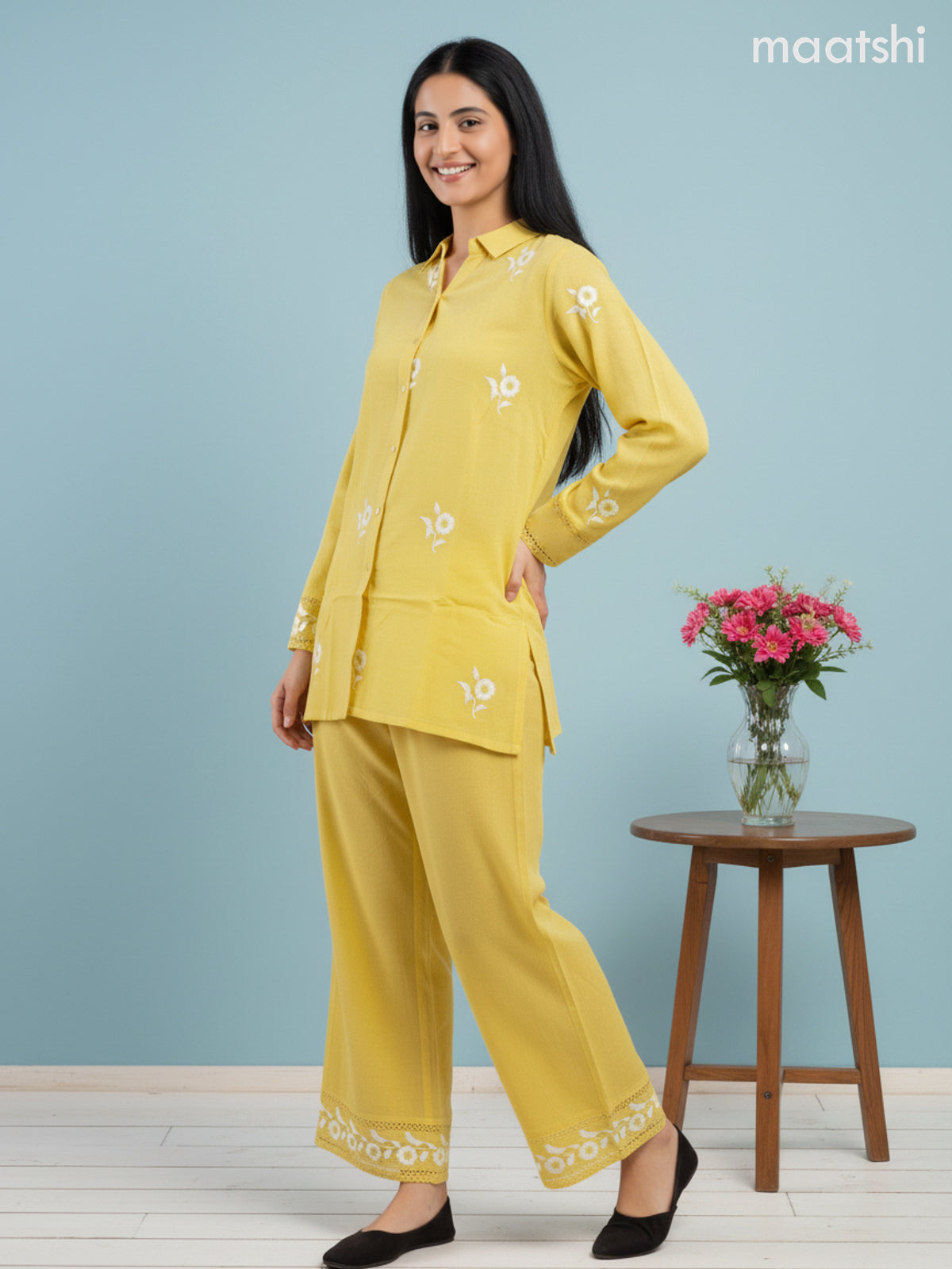 Short co-ord set yellow with slip & floral embroidery work buttas in top and palazzo pant