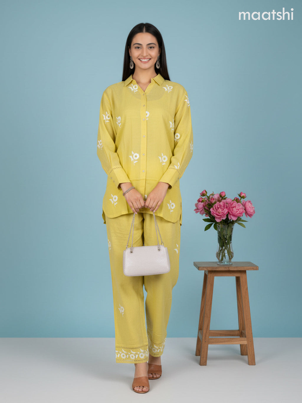 Short co-ord set yellow with slip & floral embroidery work buttas in top and palazzo pant