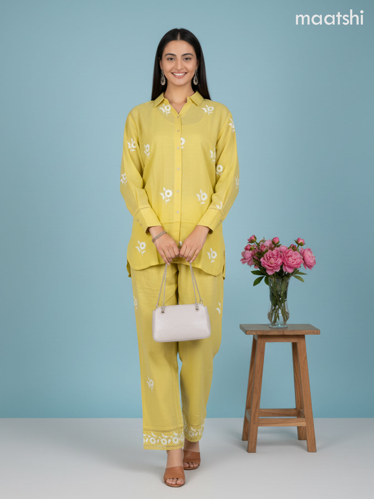 Short co-ord set yellow with slip & floral embroidery work buttas in top and palazzo pant