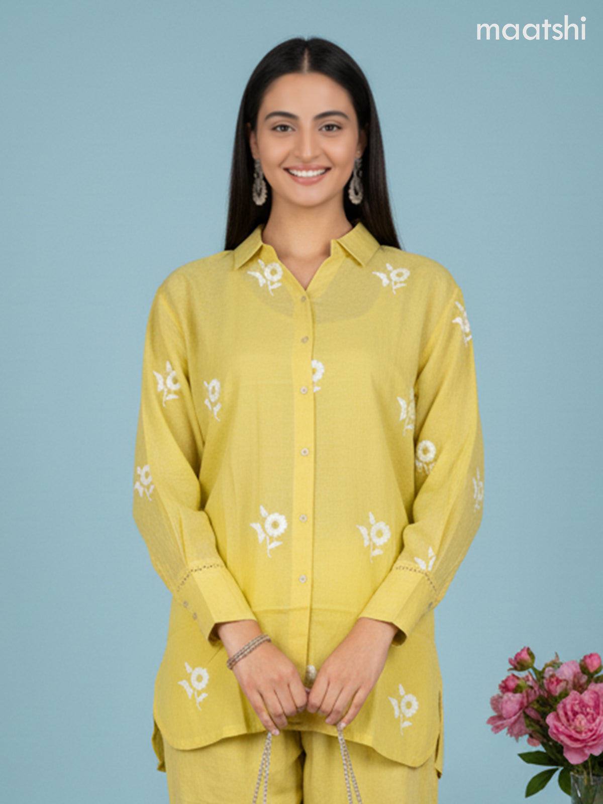 Short co-ord set yellow with slip & floral embroidery work buttas in top and palazzo pant