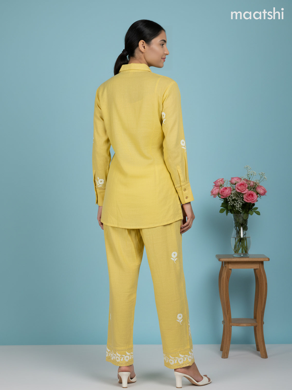Short co-ord set yellow with slip & floral embroidery work buttas in top and palazzo pant